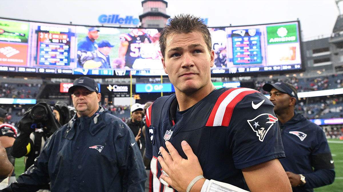 Patriots quarterback Drake Maye (10) reacts after the game at Gillette Stadium