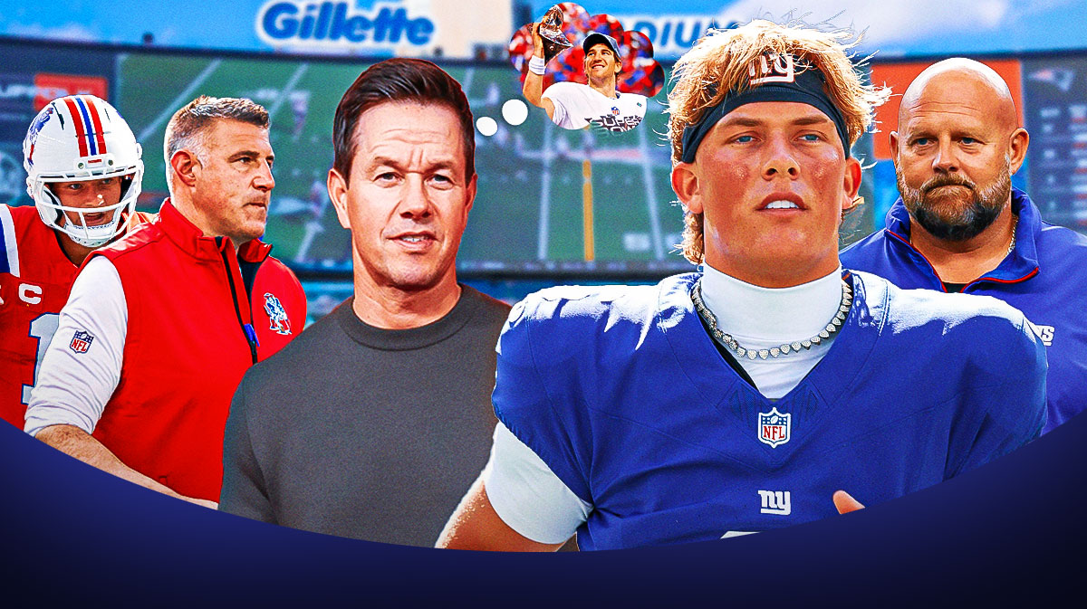 New England Patriots quarterback and coach Drake Maye and Mike Vrabel, next to fan Mark Wahlberg, who's thinking of Eli Manning after beating the Pats in the Super Bowl, next to New York Giants quarterback and coach Jaxson Dart and Brian Daboll, with Gillette Stadium background.