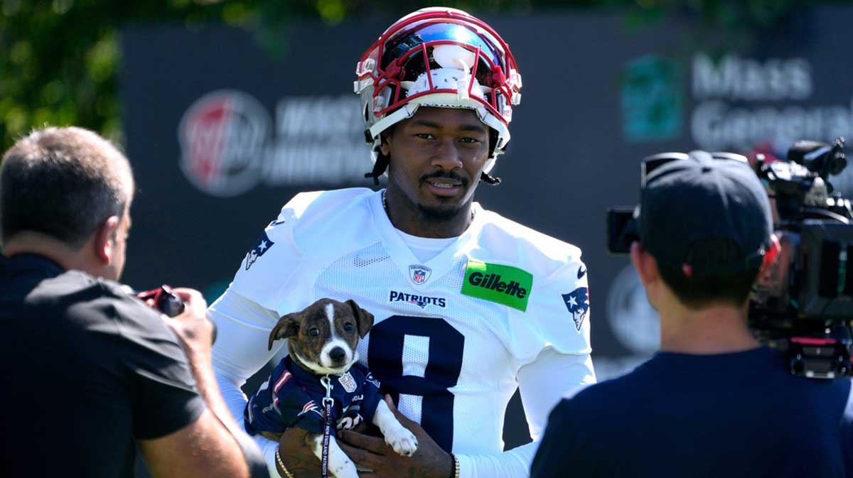 Patriots wide receiver Stefon Diggs carries an adoptable pup as he enters the practice field on July 23, 2025,
