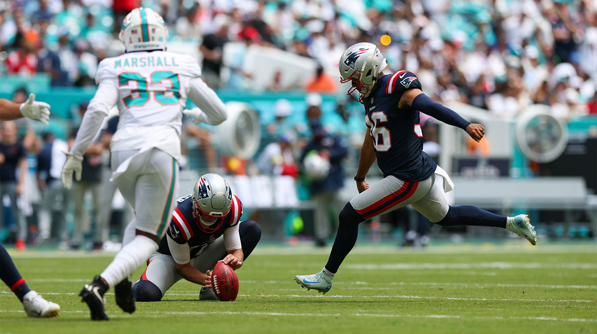 New England Patriots place kicker Andy Borregales (36) attempts a extra point kick against the Miami Dolphins in the first quarter at Hard Rock Stadium.