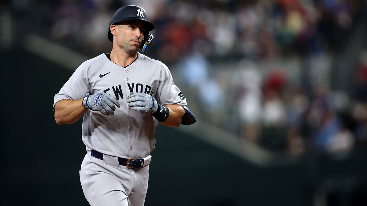 New York Yankees first baseman Paul Goldschmidt (48) rounds the bases after hitting a solo home run during the seventh inning against the Texas Rangers at Globe Life Field.