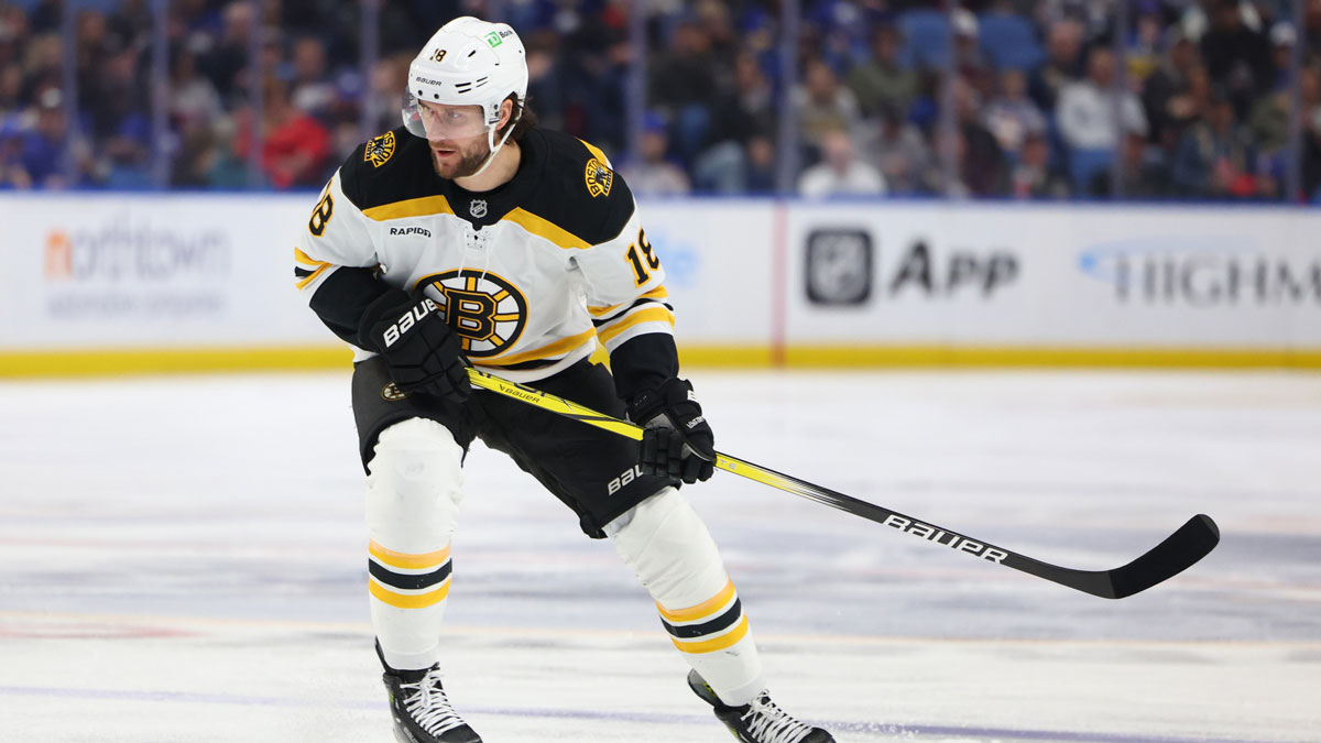 Boston Bruins center Pavel Zacha (18) looks for the puck during the first period against the Buffalo Sabres at KeyBank Center.