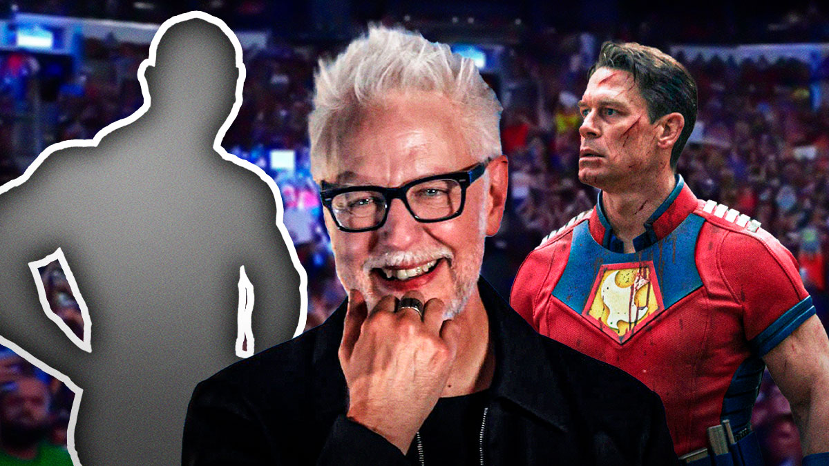 James Gunn in between silhouette of former WWE Superstar Dave Bautista and John Cena as Peacemaker.