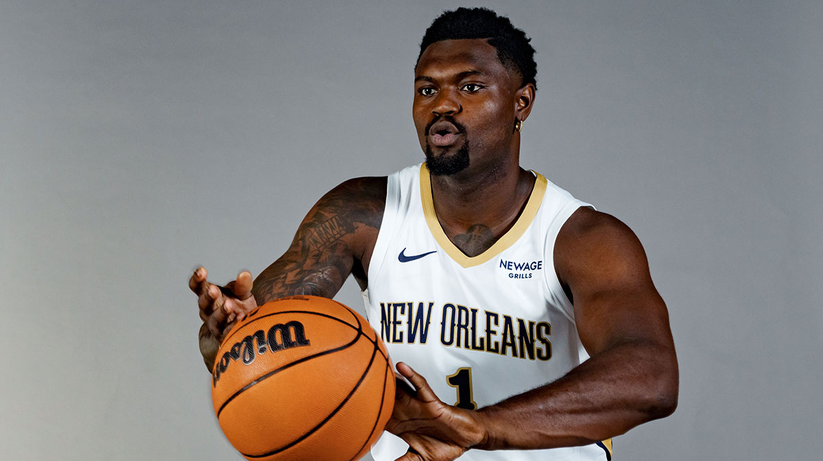 Pelicans forward Zion Williamson (1) takes part in media day at Ochsner Sports Performance Center