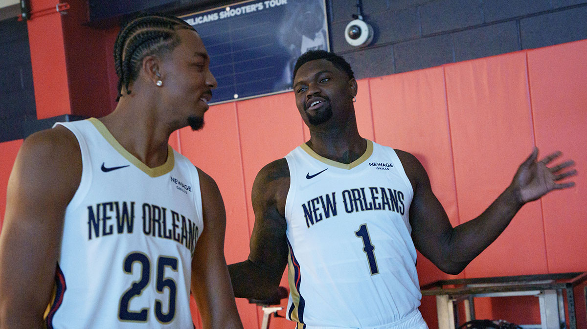 Pelicans guard Trey Murphy III (25), and forward Zion Williamson (1) take part in media day at Ochsner Sports Performance Center with Jeff Teague in the background