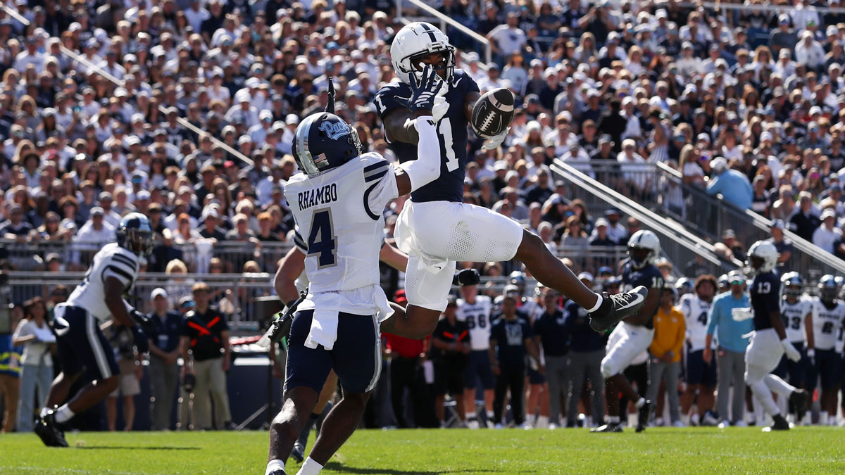 Penn State Nittany Lions wide receiver Kyron Hudson (1) attempts to make a catch in the end zone during the first quarter against the Nevada Wolf Pack at Beaver Stadium.