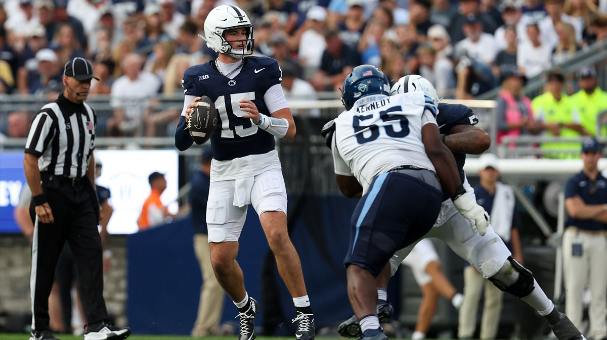 Penn State Nittany Lions quarterback Drew Allar (15) looks to throw a pass during the third quarter against the Villanova Wildcats at Beaver Stadium.
