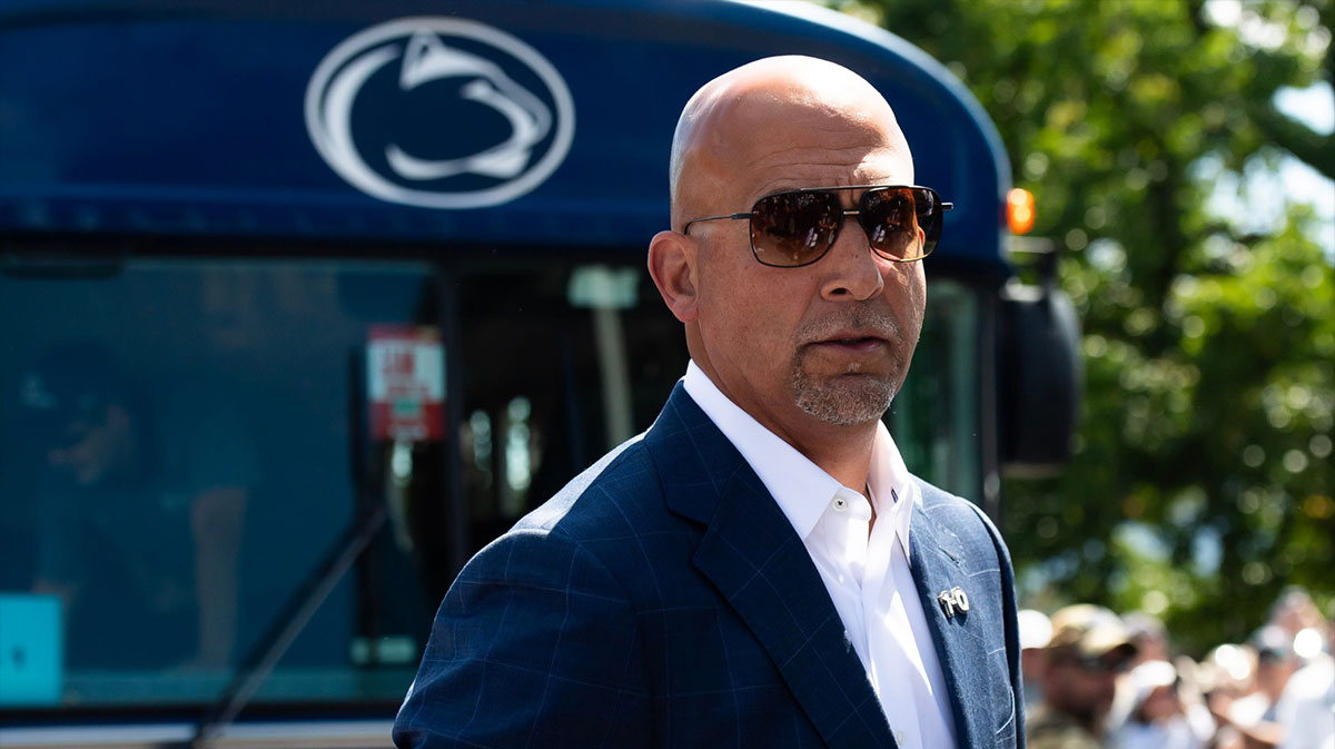 Penn State football head coach James Franklin arrives with the rest of the Nittany Lions before the start of an NCAA football game against Nevada, Saturday, August 30, 2025, in State College, Pa.