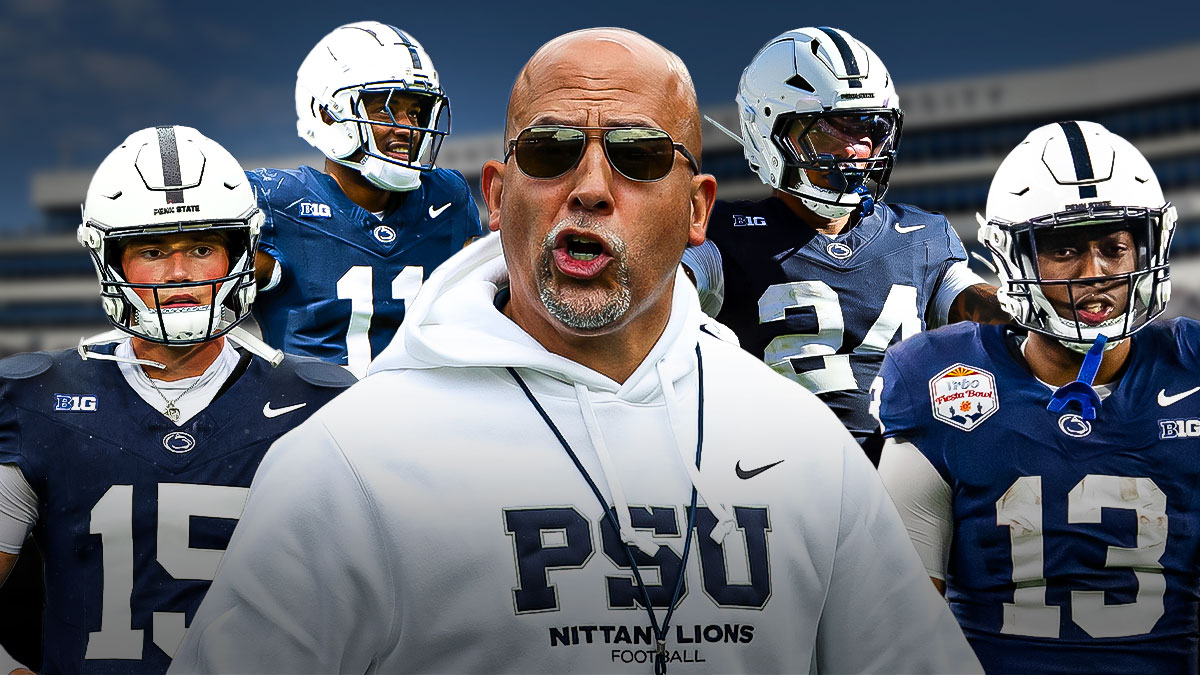 Coach James Franklin in the middle, Drew Allar, Kaytron Allen, Kyron Hudson, Amare Campbell all around him, Dark clouds in the background