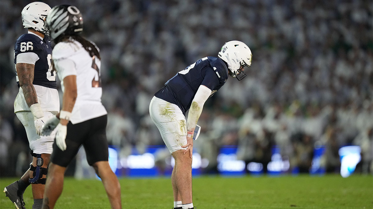 Penn State Nittany Lions quarterback Drew Allar (15) reacts during the fourth quarter against the Oregon Ducks at Beaver Stadium.