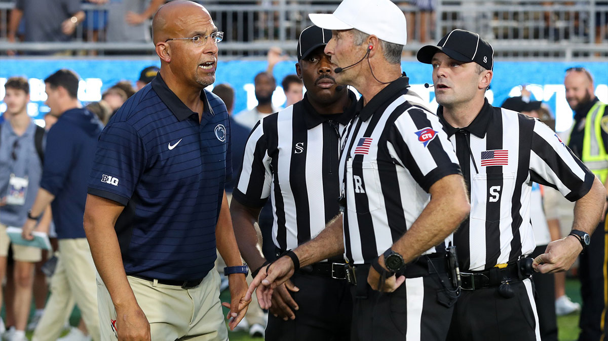 Penn State Nittany Lions head coach James Franklin argues with officials over the final play of the game during the fourth quarter against the Villanova Wildcats at Beaver Stadium.