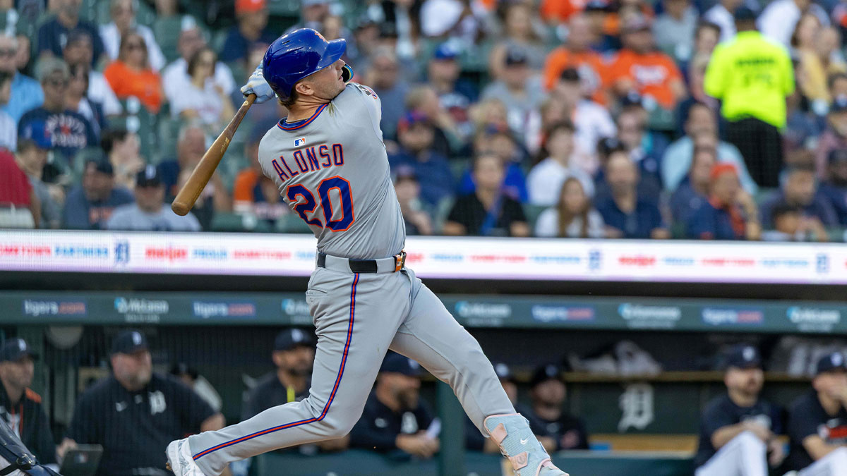 Sep 2, 2025; Detroit, Michigan, USA; New York Mets first base Pete Alonso (20) hits a solo home run in the first inning off of Detroit Tigers starting pitcher Sawyer Gibson-Long (66) at Comerica Park.