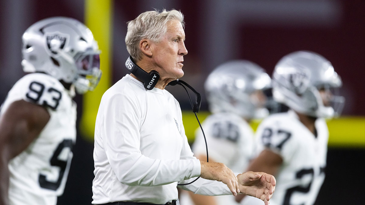 Las Vegas Raiders head coach Pete Carroll against the Arizona Cardinals during a preseason NFL game