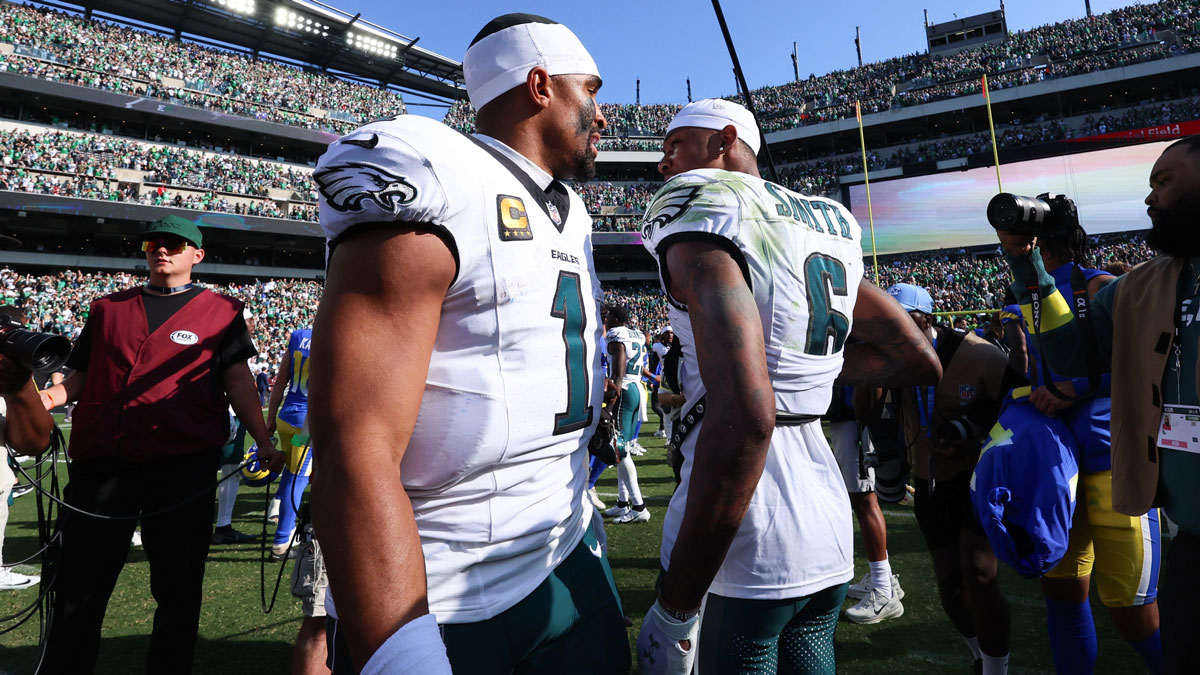 Philadelphia Eagles quarterback Jalen Hurts (1) and wide receiver Devonta Smith (6) after a victory against the Los Angeles Rams at Lincoln Financial Field.
