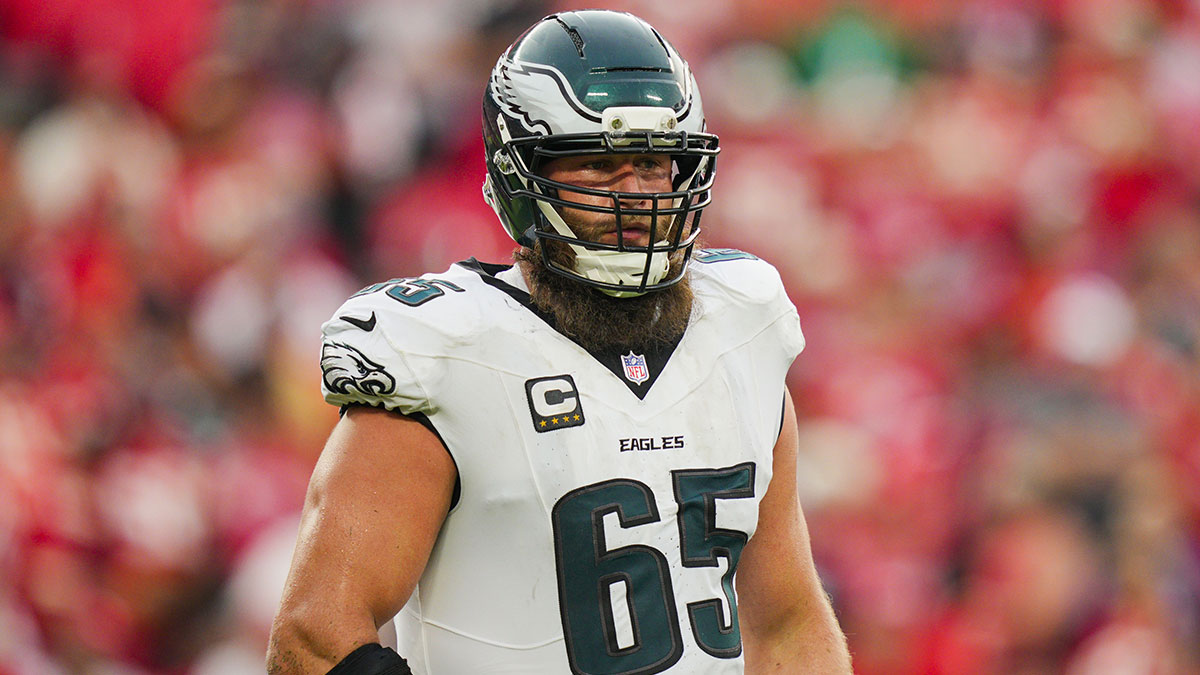 Philadelphia Eagles offensive tackle Lane Johnson (65) reacts during the second half against the Kansas City Chiefs at GEHA Field at Arrowhead Stadium.