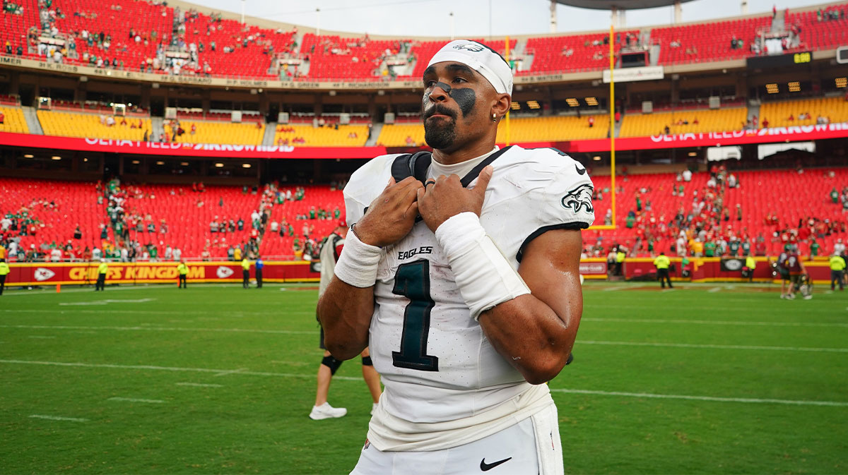 Philadelphia Eagles quarterback Jalen Hurts (1) looks on after the game against the Kansas City Chiefs at GEHA Field at Arrowhead Stadium.