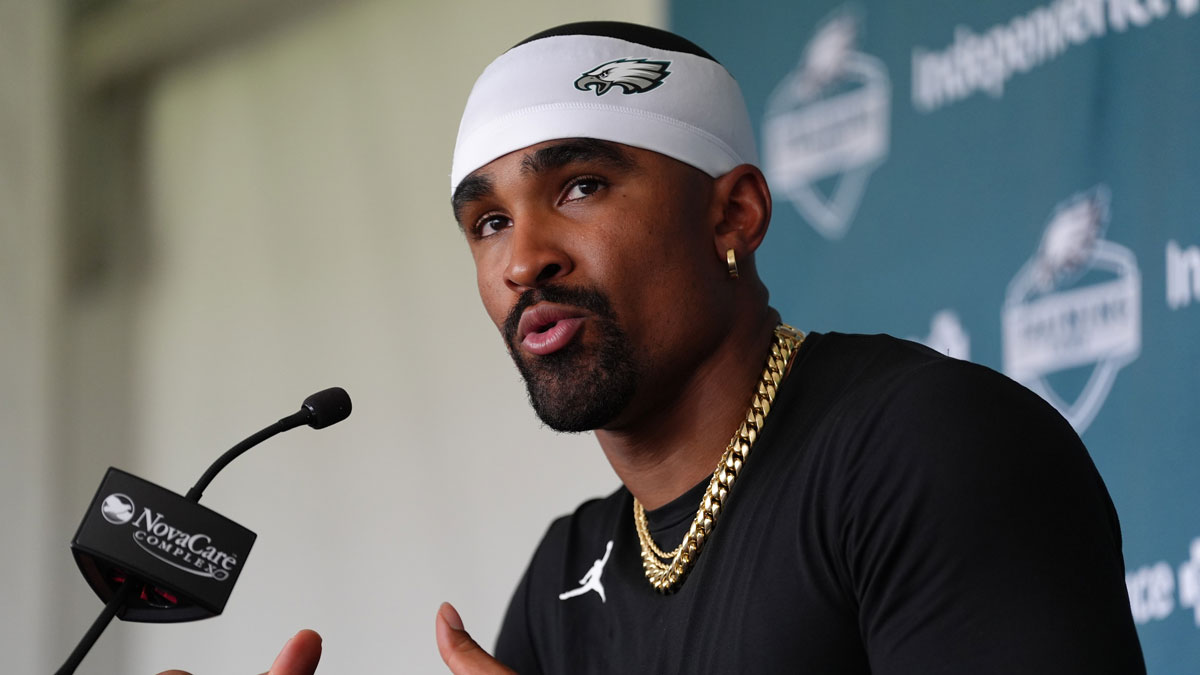 Philadelphia Eagles quarterback Jalen Hurts (1) addresses media during training camp at NovaCare Complex.