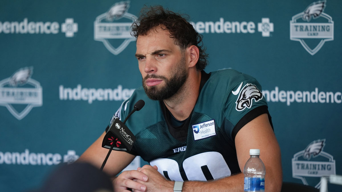 Philadelphia Eagles tight end Dallas Goedert (88) addresses media during training camp at NovaCare Complex.