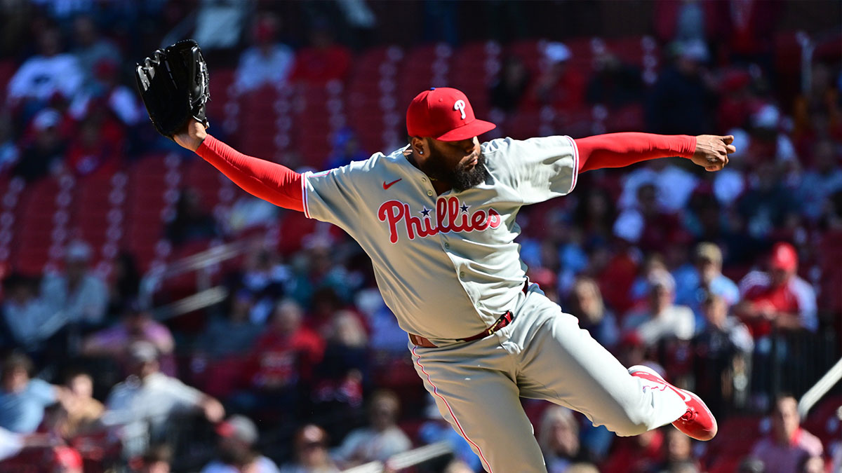 Philadelphia Phillies pitcher Jose Alvarado (46) follows through on his delivery as he throws in relief in the ninth inning against the St. Louis Cardinals at Busch Stadium. Mandatory Credit: Tim Vizer-Imagn Images
