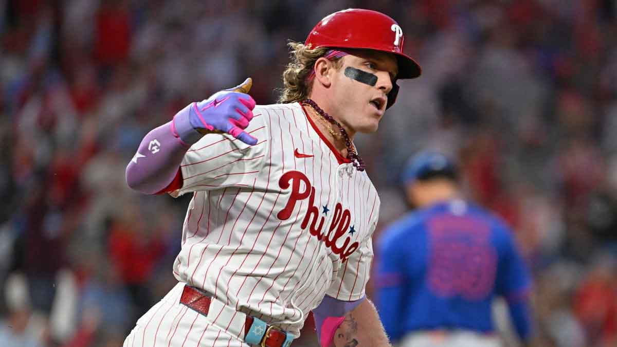 Philadelphia Phillies outfielder Harrison Bader (2) watches his home run during the second inning against the New York Mets at Citizens Bank Park. 