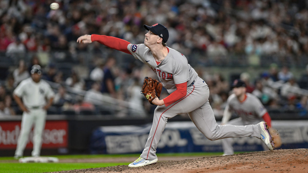Boston Red Sox pitcher Walker Buehler (0) pitches against the New York Yankees during the sixth inning at Yankee Stadium.
