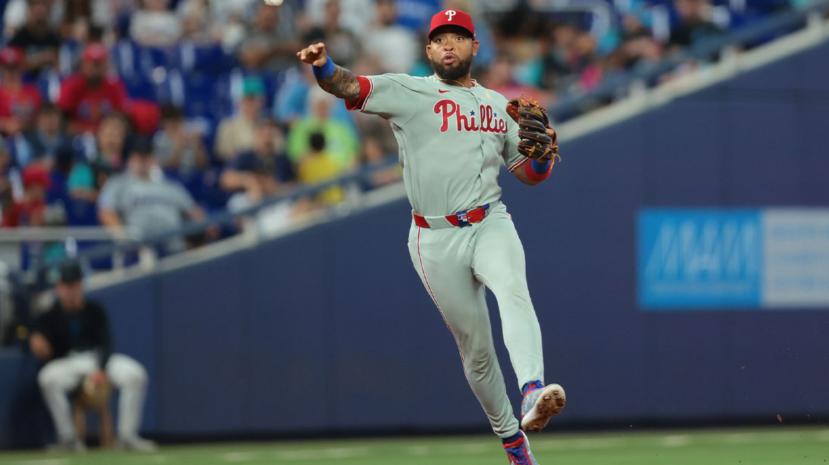 Philadelphia Phillies shortstop Edmundo Sosa (33) throws to first base to retire Miami Marlins third baseman Maximo Acosta (not pictured) during the eighth inning at loanDepot Park.