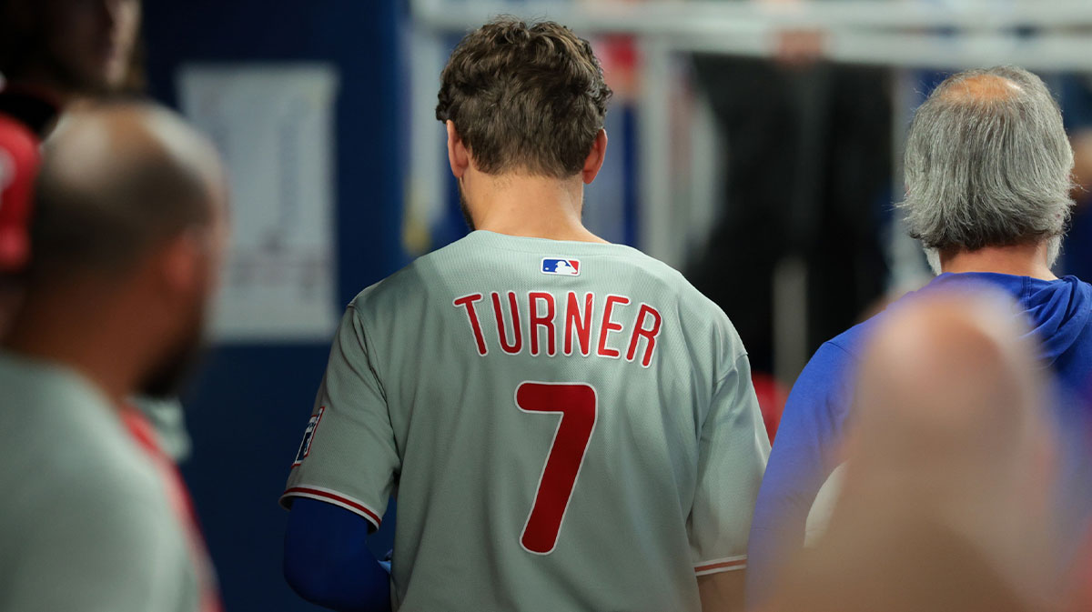 Philadelphia Phillies shortstop Trea Turner (7) exits the game against the Miami Marlins during the seventh inning at loanDepot Park.