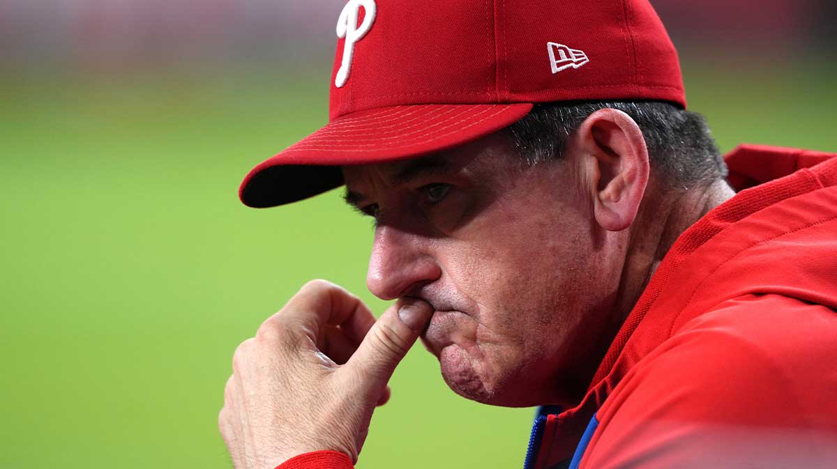 Philadelphia Phillies manager Rob Thomson (49) looks on against the Arizona Diamondbacks during the third inning at Chase Field.