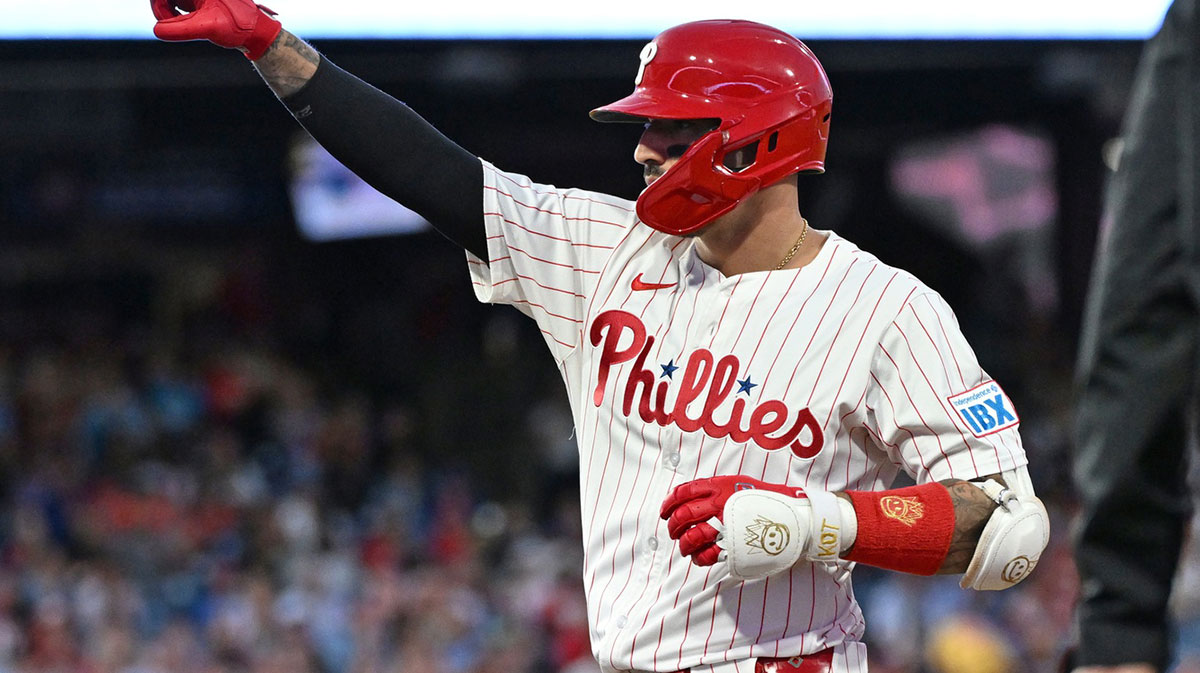Phillies outfielder Nick Castellanos (8) reacts after hitting an RBI single during the second inning against the New York Mets at Citizens Bank Park