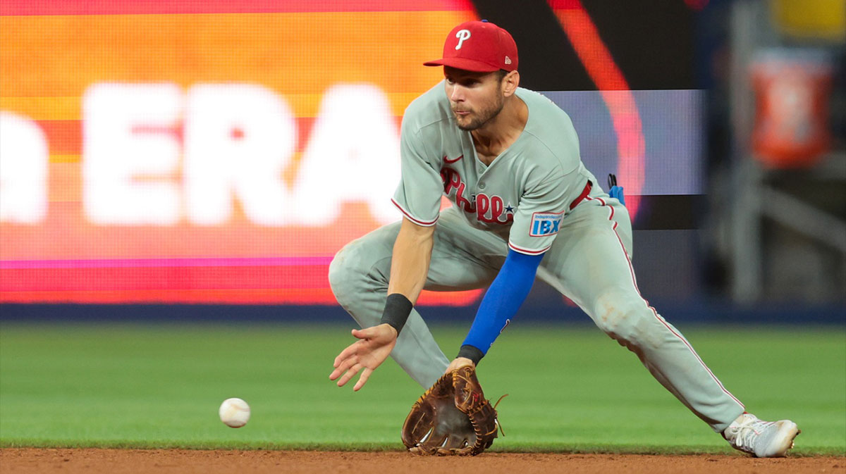 Philadelphia Phillies shortstop Trea Turner (7) catches a ground ball against Miami Marlins pinch hitter Heriberto Hernandez (not pictured) during the sixth inning at loanDepot Park.