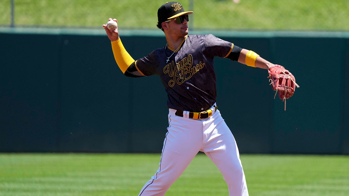 Indianapolis Indians second baseman Nick Yorke (24) throws a ball before the start of an inning during a game against the Louisville Bats on Sunday, May 18, 2025, at Victory Field in Indianapolis.