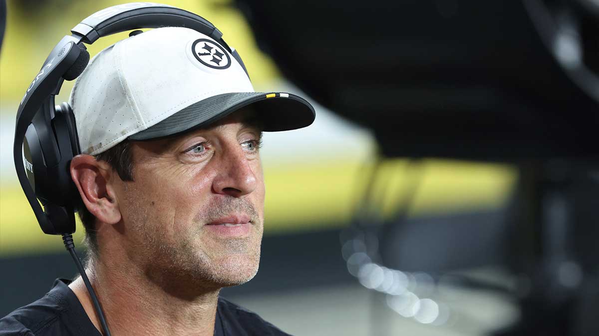 Pittsburgh Steelers quarterback Aaron Rodgers (8) looks on from the sidelines against the Tampa Bay Buccaneers during the third quarter at Acrisure Stadium. Mandatory Credit: Charles LeClaire-Imagn Images