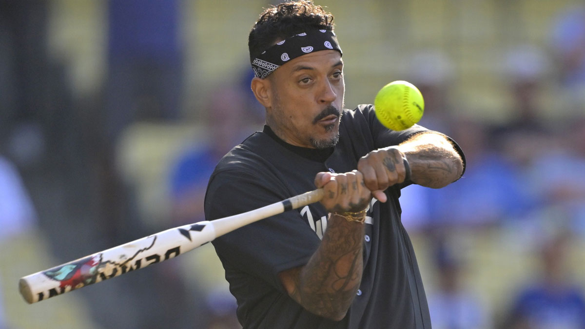 Matt Barnes bats as he participates in Los Angeles Dodgers shortstop Mookie Betts (50) celebrity softball game prior to the game agains the San Diego Padres at Dodger Stadium