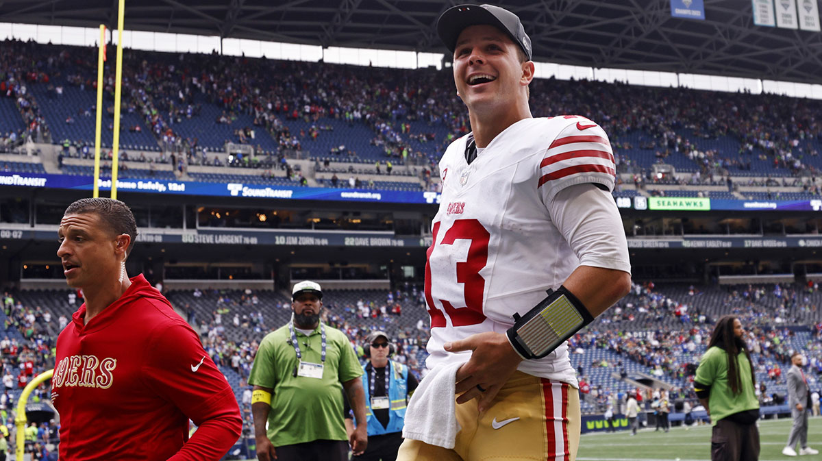 San Francisco 49ers quarterback Brock Purdy (13) reacts after the game against the Seattle Seahawks during the fourth quarter at Lumen Field.