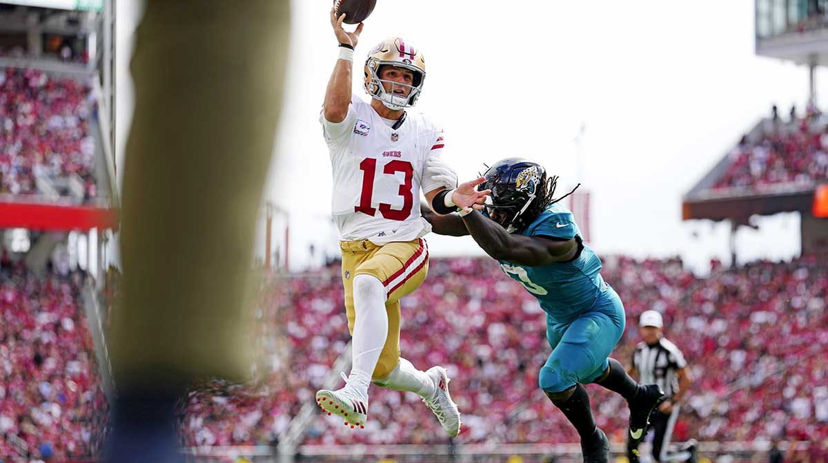 San Francisco 49ers quarterback Brock Purdy (13) passes the ball during the first half against the Jacksonville Jaguars at Levi's Stadium.