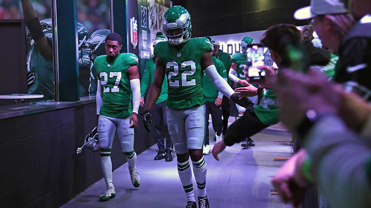Philadelphia Eagles cornerback Quinyon Mitchell (27) and cornerback Kelee Ringo (22) walks from the locker room to the field during warmups against the Dallas Cowboys at Lincoln Financial Field.