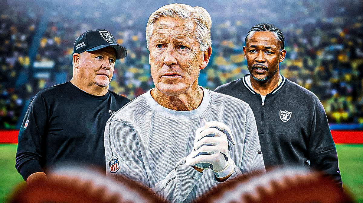 Pete Carroll in the middle, Chip Kelly, Patrick Graham around him, dark clouds in the background