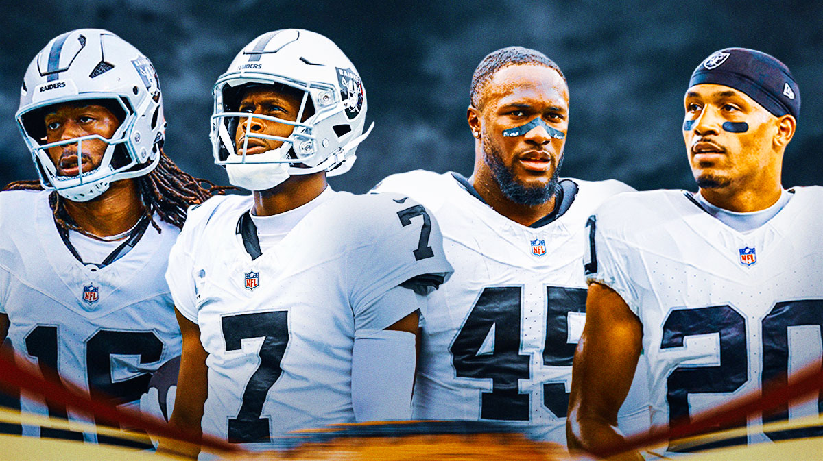 Jakobi Meyers, Geno Smith, Devin White, Isaiah Pola-Mao, Dark clouds in the background