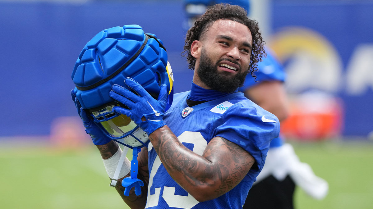 Los Angeles Rams running back Kyren Williams (23) takes a break during organized team activities at Rams Practice Facility.