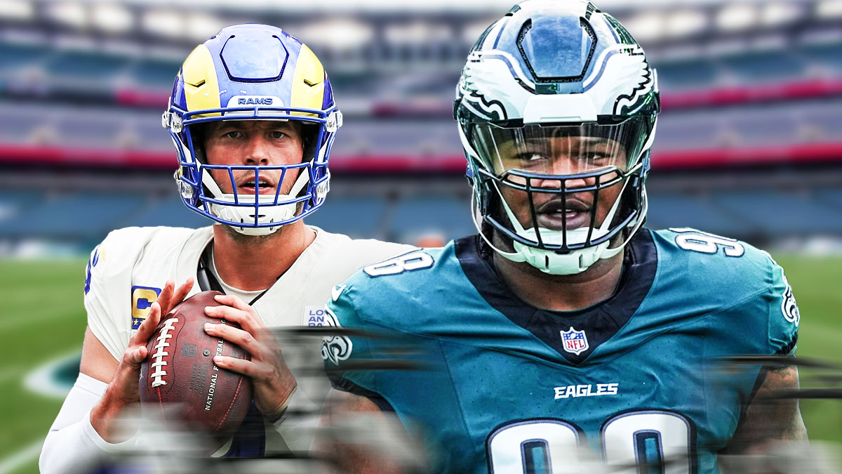 Matt Stafford opposite Jalen Carter with the Eagles stadium as the background.