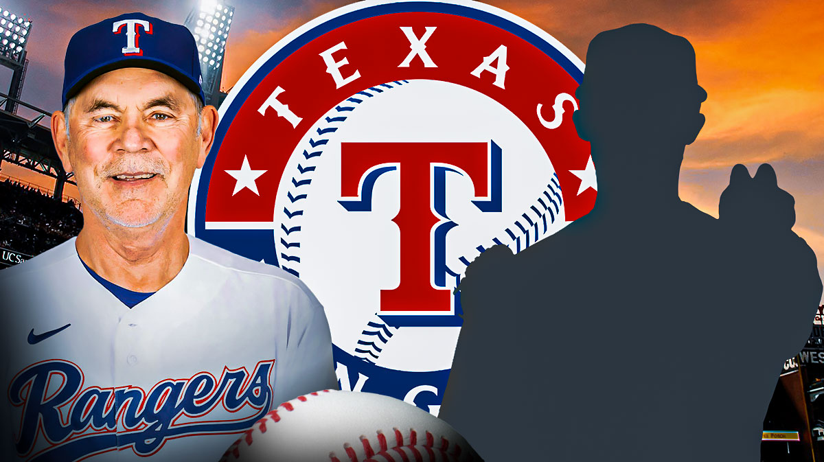 IMAGE: Texas Rangers logo in center, former Texas Rangers manager Bruce Bochy on left side, blank person silhouette with question marks on right side, Globe Life Park (home park of the Texas Rangers) in background