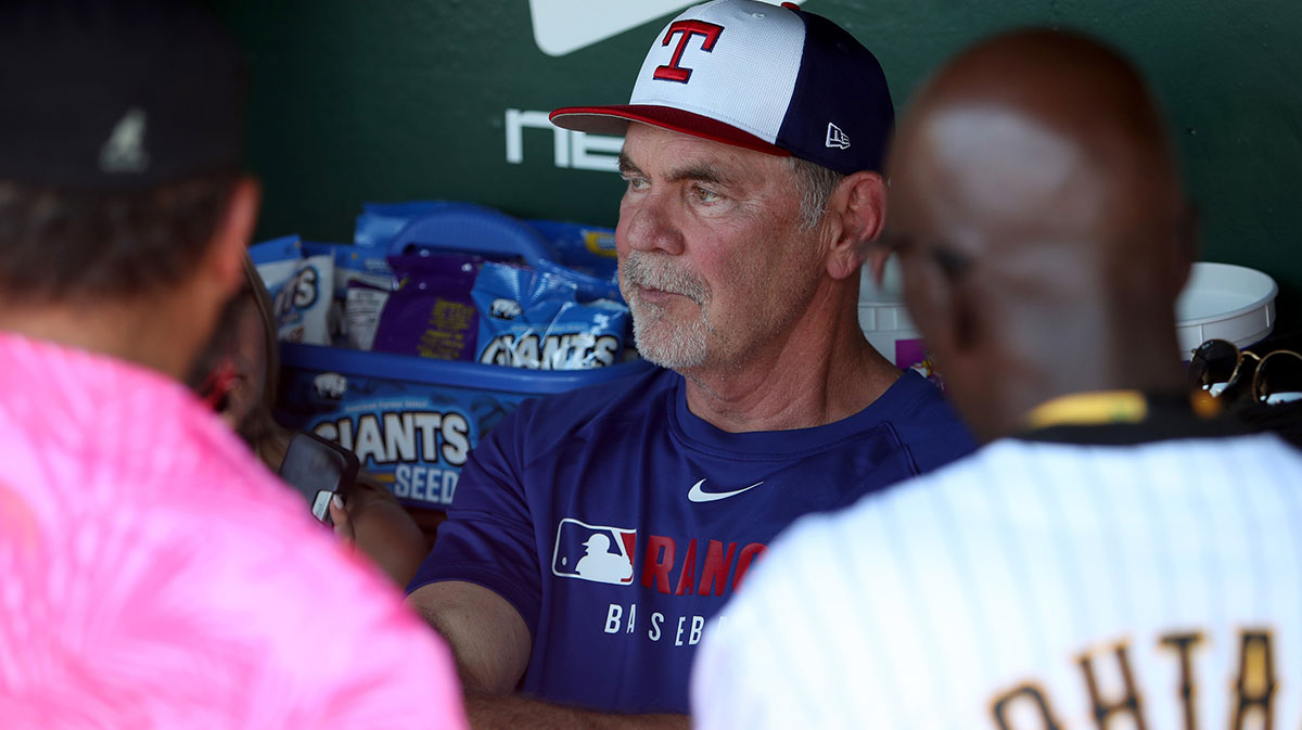 Texas Rangers manager Bruce Bochy (15) speaks to the media before the game against the Athletics at Sutter Health Park.