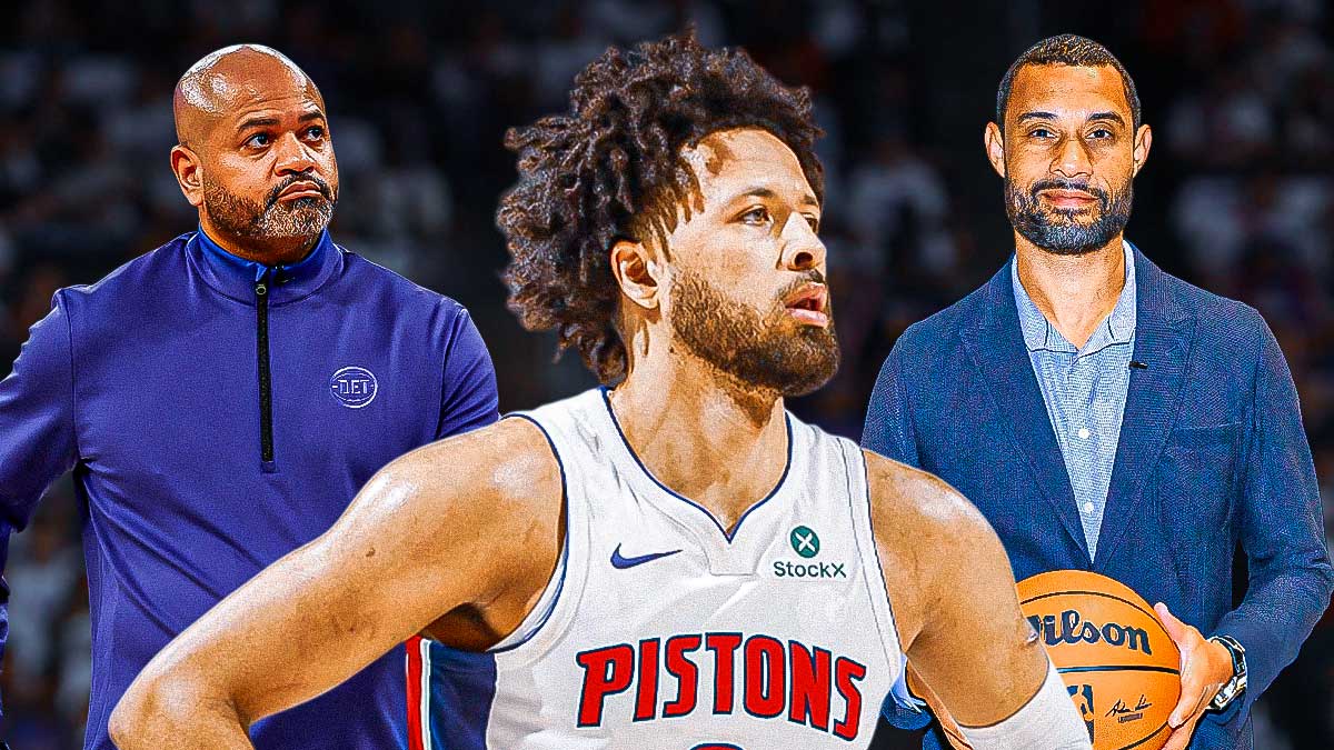 Cade Cunningham, JB Bickerstaff, Trajan Langdon on a basketball court together