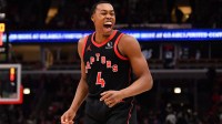 Toronto Raptors forward Scottie Barnes (4) reacts after hitting a three point shot during the first half against the Chicago Bulls at the United Center.