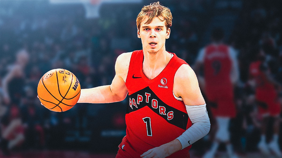 Gradey Dick in the Raptors jersey with the basketball in his hands with his jersey number at the front. Raptors player who will shock world with breakout 2025-26 season