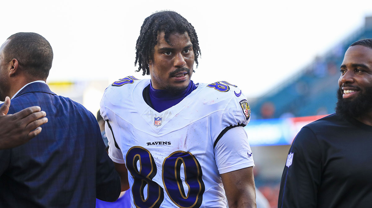 Baltimore Ravens tight end Isaiah Likely (80) walks off the field after the victory over the Cincinnati Bengals at Paycor Stadium.