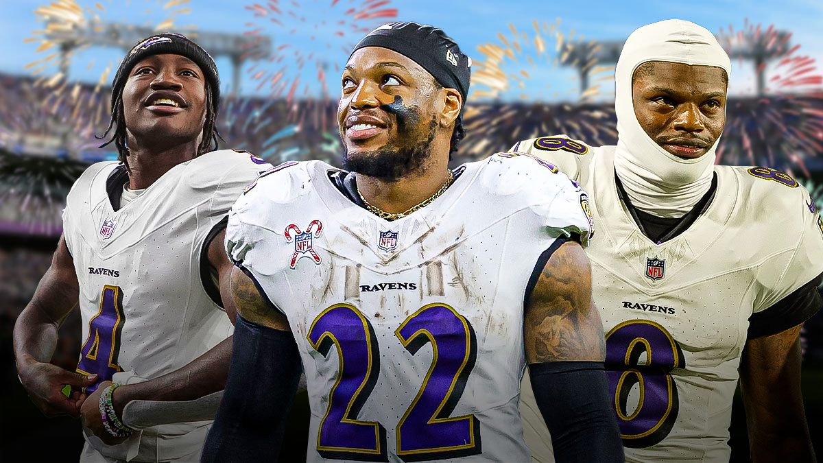 Derrick Henry in the middle, Lamar Jackson, Zay Flowers around him, Fireworks in the background