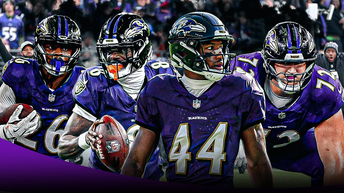 Rasheen Ali, Lamar Jackson, Marlon Humphrey, Andrew Vorhees, Dark clouds in the background