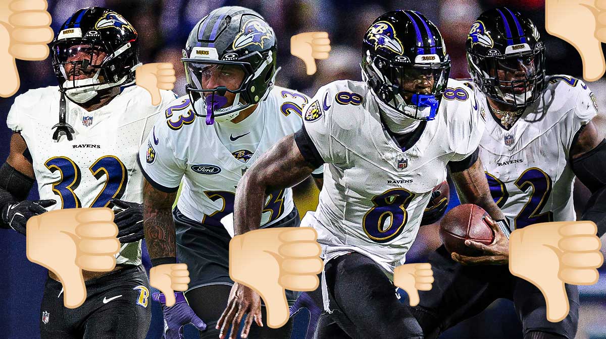 Lamar Jackson, Derrick Henry, Trenton Simpson, Jaire Alexander all beside each other, 👎🏻 emoji all around them