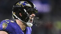 Baltimore Ravens tight end Mark Andrews (89) reacts after scoring a touchdown during the first half against the Cleveland Browns at M&T Bank Stadium.